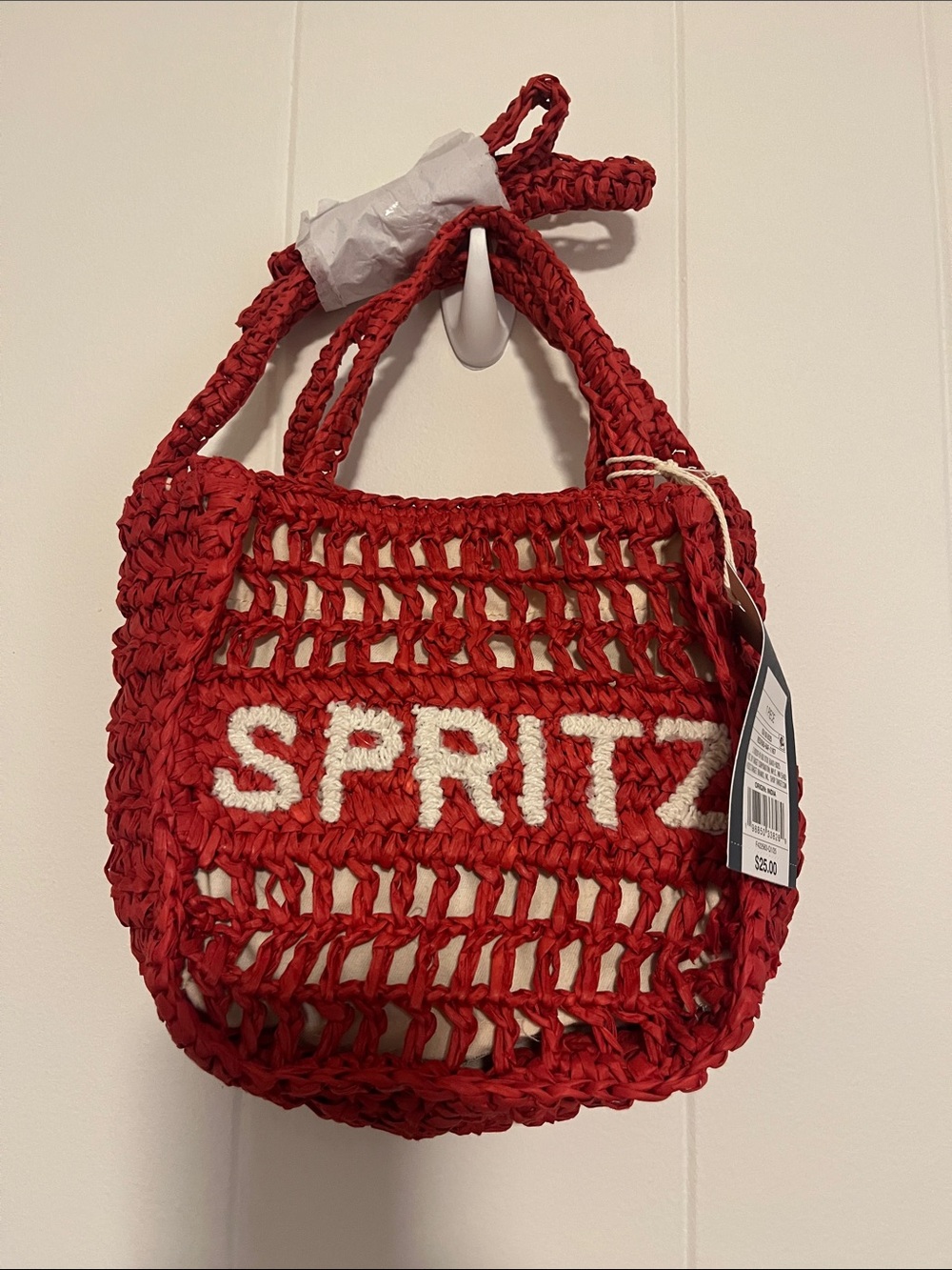 Universal thread Spritz Red raffia Open-Weave Tote with White Logo